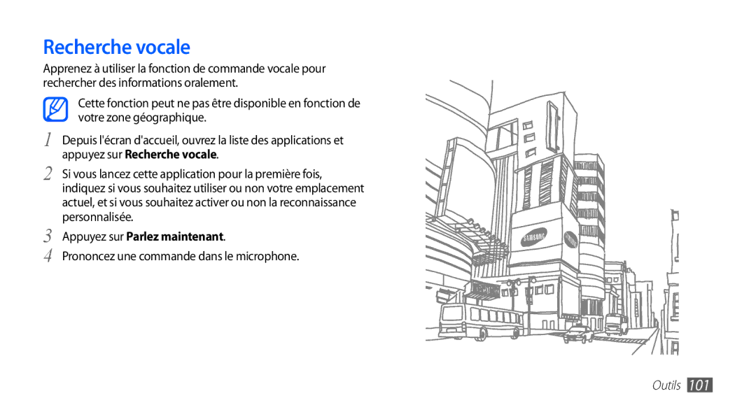 Samsung GT-S5830RWANRJ manual Recherche vocale, Appuyez sur Parlez maintenant, Prononcez une commande dans le microphone 