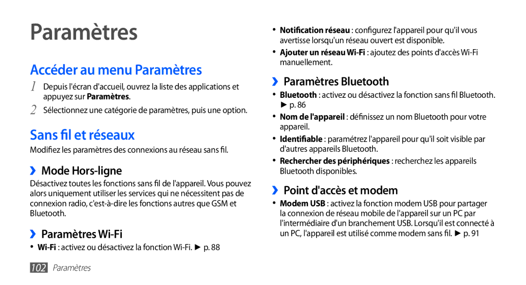 Samsung GT-S5830OKAFTM, GT-S5830RWASFR, GT-S5830OKAXEF, GT-S5830RWAFRE Accéder au menu Paramètres, Sans fil et réseaux 