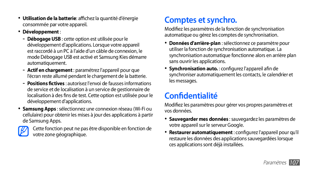 Samsung GT-S5830OKABOG, GT-S5830RWASFR, GT-S5830OKAXEF, GT-S5830RWAFRE, GT-S5830RWAVGF Comptes et synchro, Confidentialité 