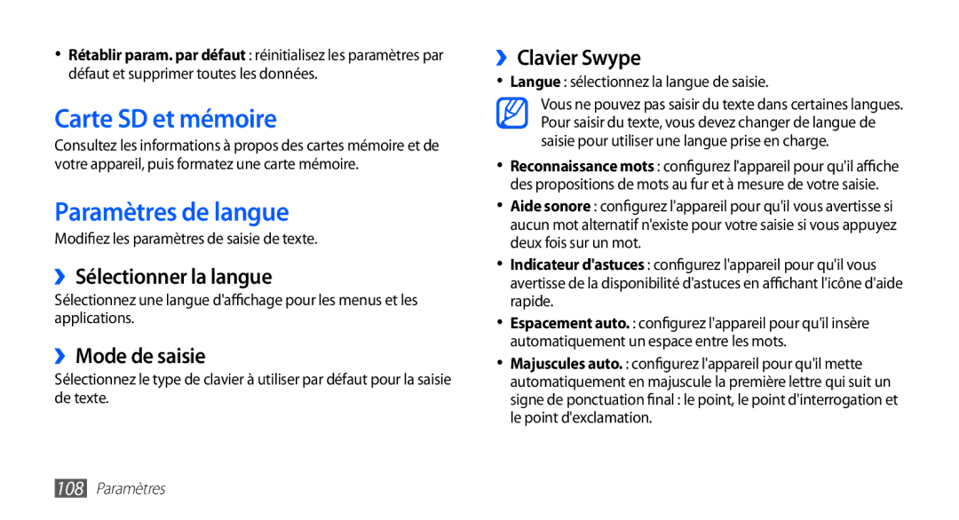 Samsung GT-S5830RWASFR manual Carte SD et mémoire, Paramètres de langue, ››Sélectionner la langue, ››Mode de saisie 