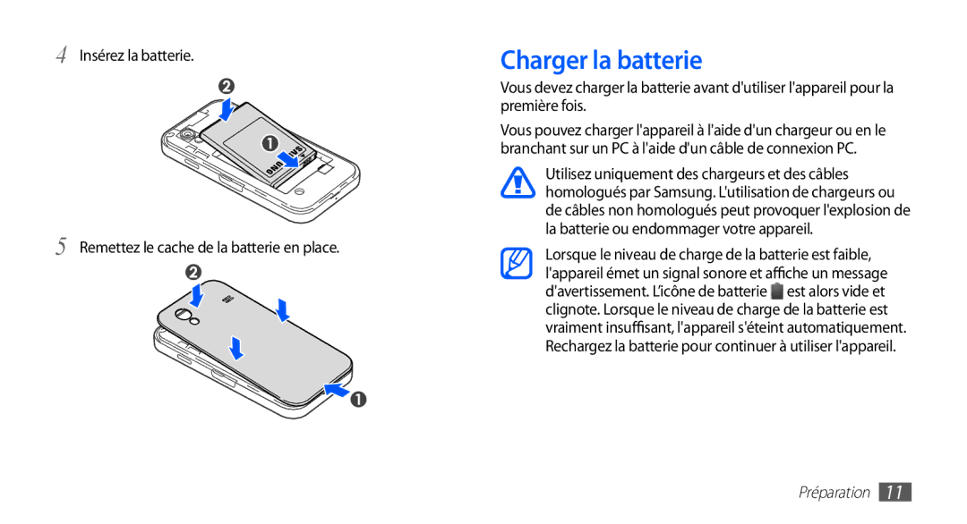 Samsung GT-S5830RWANRJ, GT-S5830RWASFR, GT-S5830OKAXEF, GT-S5830RWAFRE, GT-S5830RWAVGF, GT-S5830OKZBOG Charger la batterie 