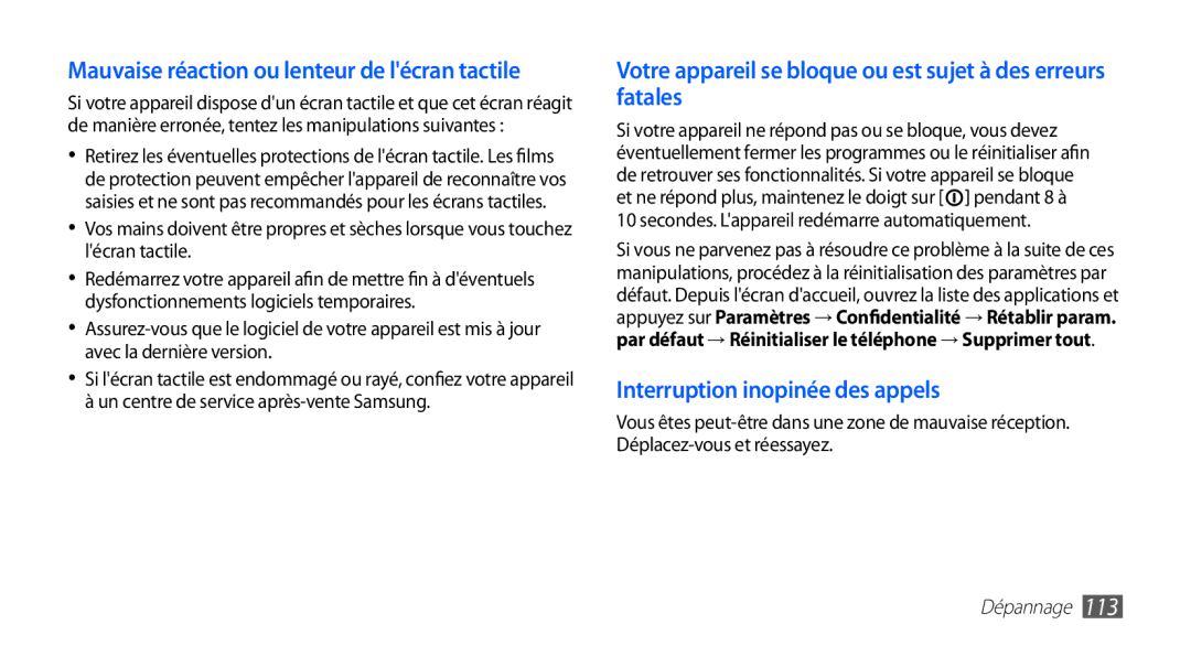 Samsung GT-S5830OKAVGF, GT-S5830RWASFR, GT-S5830OKAXEF manual Mauvaise réaction ou lenteur de lécran tactile, Dépannage 