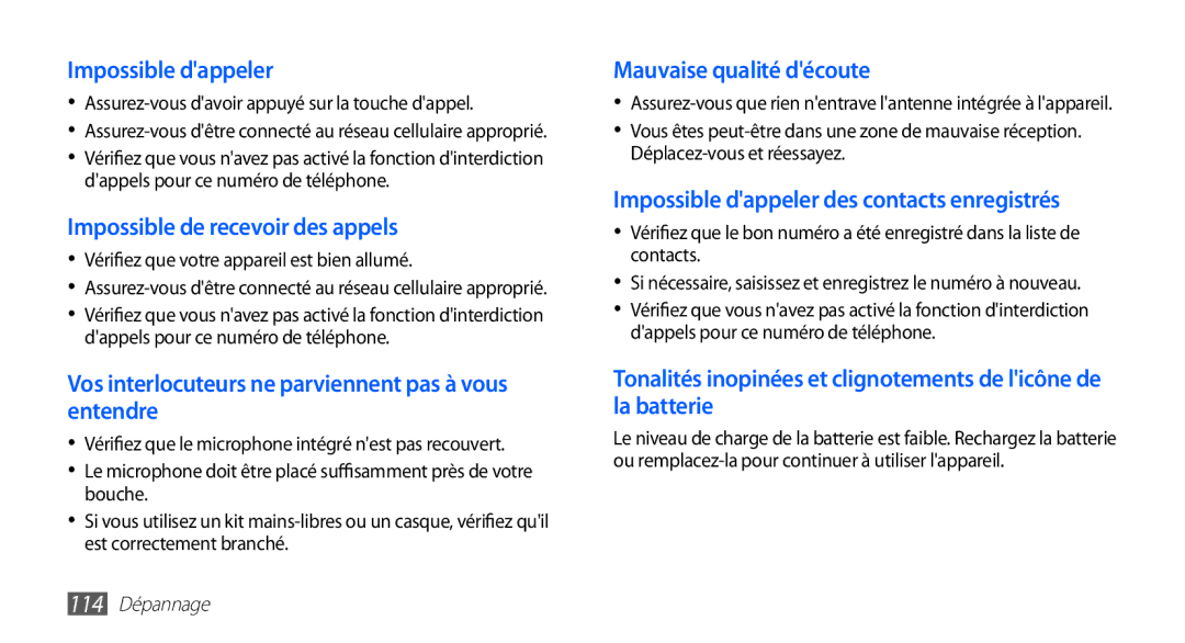 Samsung GT-S5830OKASFR manual Assurez-vous davoir appuyé sur la touche dappel, Vérifiez que votre appareil est bien allumé 