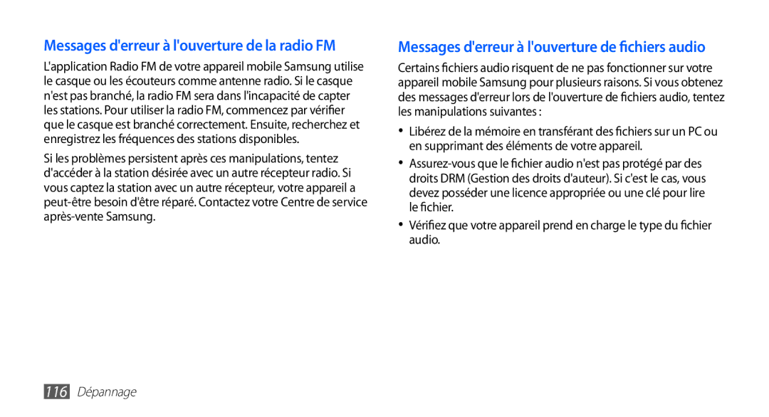 Samsung GT-S5830RWABOG, GT-S5830RWASFR, GT-S5830OKAXEF manual Messages derreur à louverture de la radio FM, 116 Dépannage 