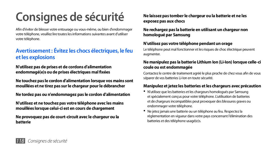 Samsung GT-S5830OKAFRE, GT-S5830RWASFR, GT-S5830OKAXEF, GT-S5830RWAFRE, GT-S5830RWAVGF, GT-S5830OKZBOG Consignes de sécurité 