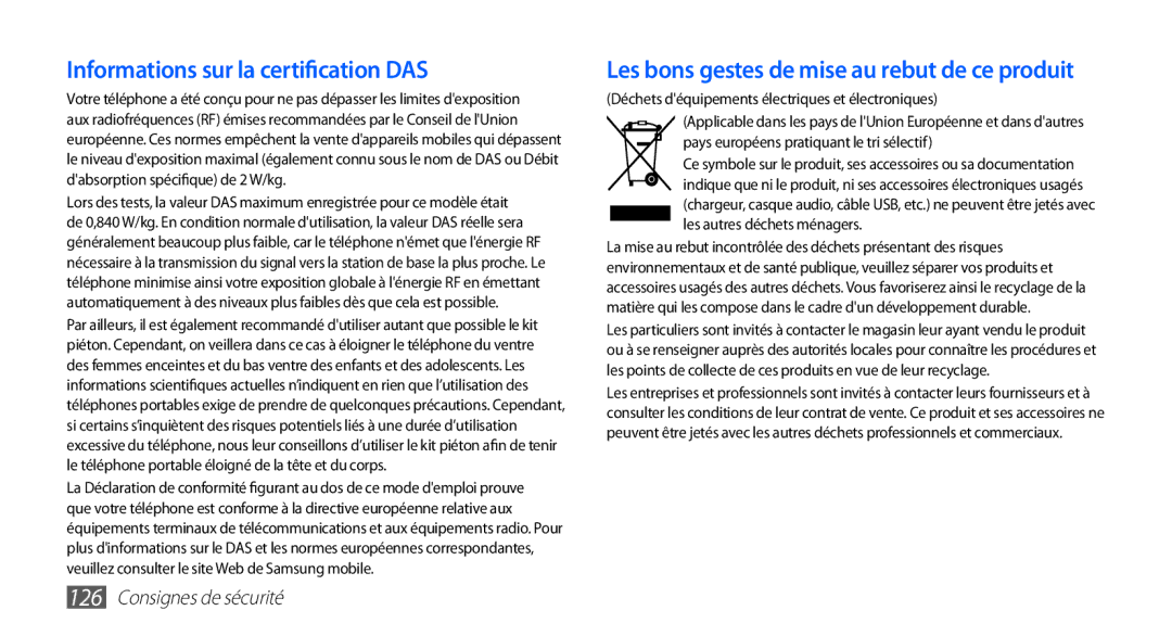 Samsung GT-S5830RWASFR, GT-S5830OKAXEF, GT-S5830RWAFRE, GT-S5830RWAVGF, GT-S5830OKZBOG Informations sur la certification DAS 