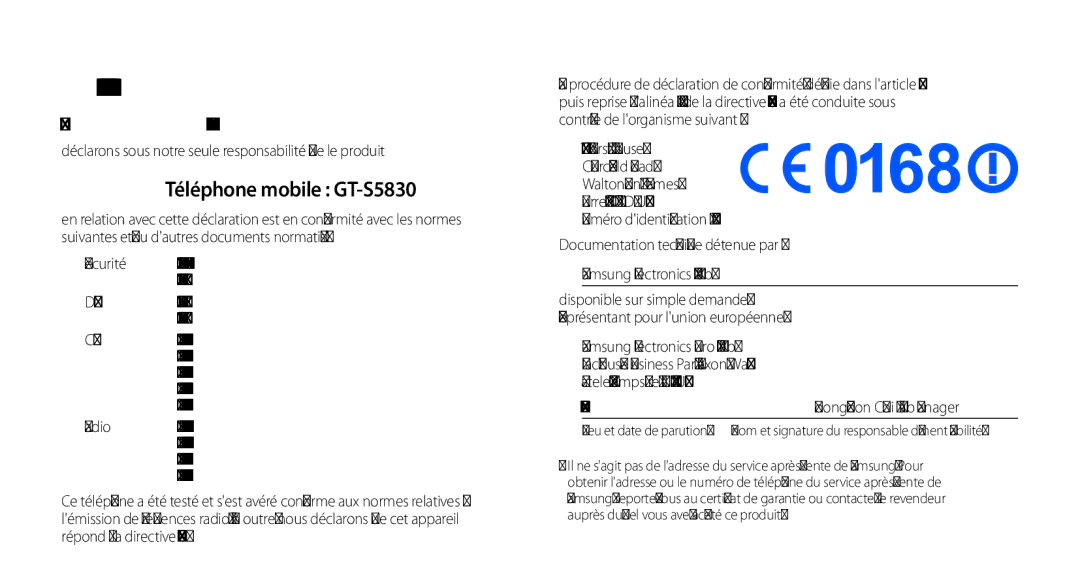 Samsung GT-S5830OKYXEF, GT-S5830RWASFR, GT-S5830OKAXEF, GT-S5830RWAFRE, GT-S5830RWAVGF Déclaration de conformité R&TTE, Nous 