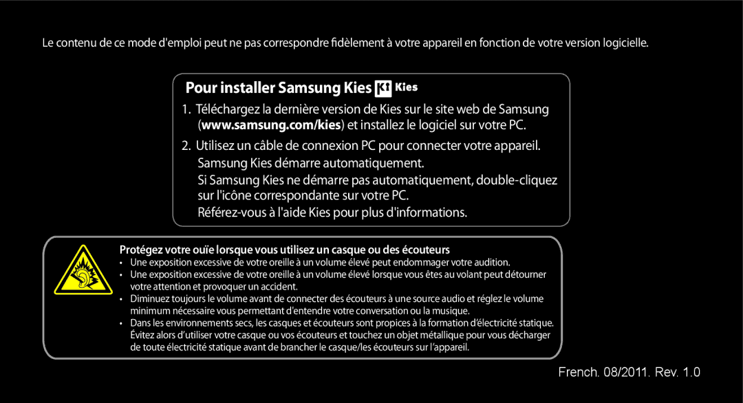 Samsung GT-S5830RWABOG, GT-S5830RWASFR, GT-S5830OKAXEF, GT-S5830RWAFRE, GT-S5830RWAVGF manual Pour installer Samsung Kies 