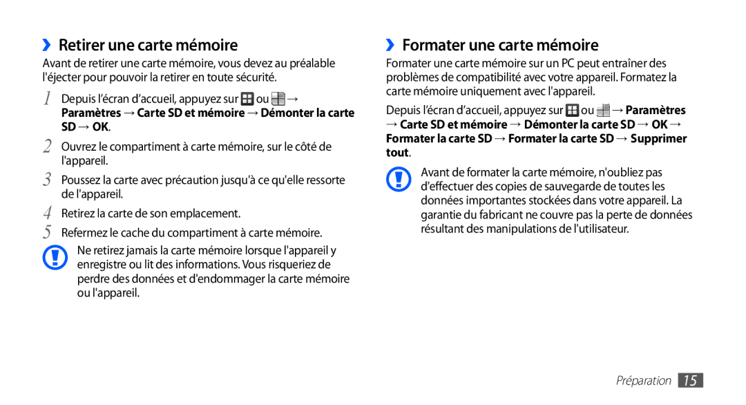 Samsung GT-S5830RWAXEF, GT-S5830RWASFR, GT-S5830OKAXEF ››Retirer une carte mémoire, ››Formater une carte mémoire, Sd → Ok 