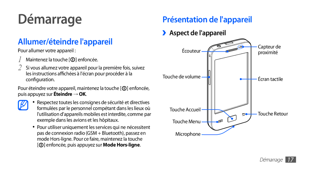 Samsung GT-S5830OKABOG manual Démarrage, Allumer/éteindre lappareil, Présentation de lappareil ››Aspect de lappareil 