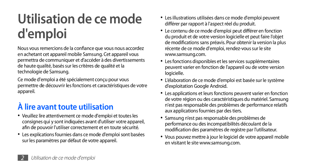 Samsung GT-S5830RWAFRE, GT-S5830RWASFR, GT-S5830OKAXEF manual Utilisation de ce mode demploi, Lire avant toute utilisation 