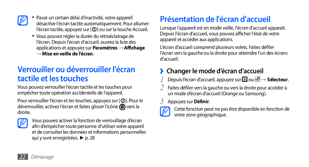 Samsung GT-S5830OKZBOG manual Verrouiller ou déverrouiller lécran tactile et les touches, Présentation de lécran daccueil 