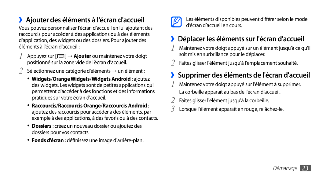 Samsung GT-S5830OKAVGF manual ››Ajouter des éléments à lécran daccueil, ››Supprimer des éléments de lécran daccueil 