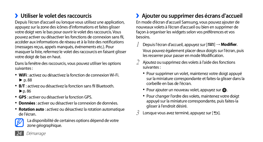 Samsung GT-S5830OKASFR manual ››Utiliser le volet des raccourcis, ››Ajouter ou supprimer des écrans daccueil, 24 Démarrage 