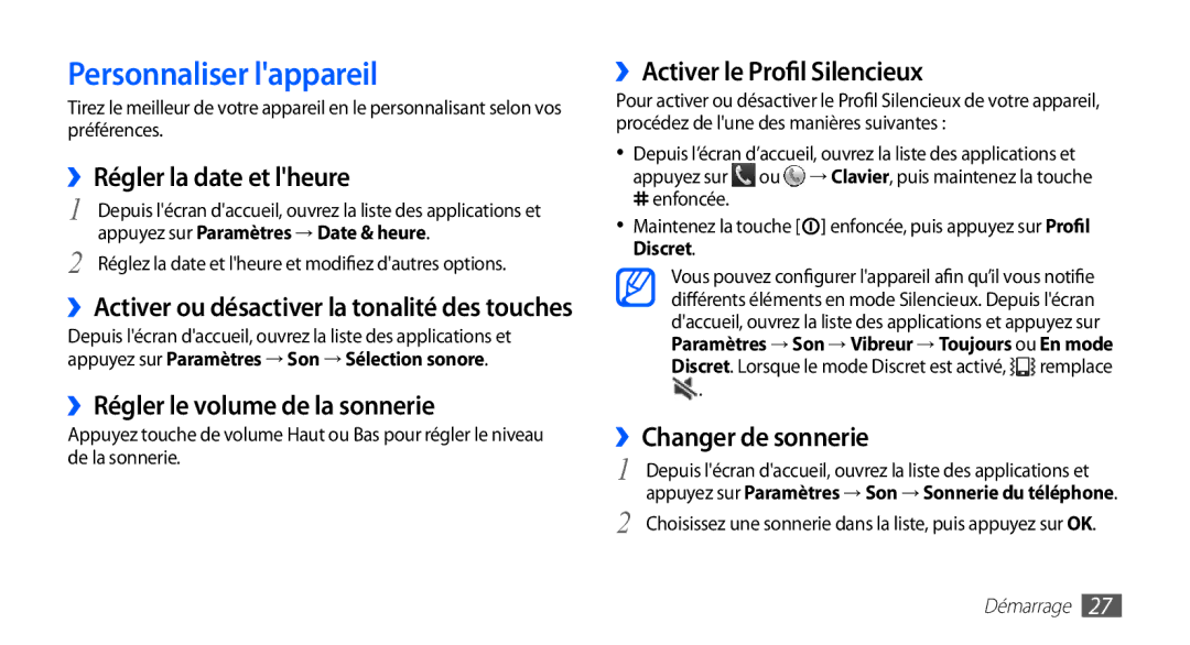 Samsung GT-S5830RWAFTM manual Personnaliser lappareil, ››Régler la date et lheure, ››Régler le volume de la sonnerie 