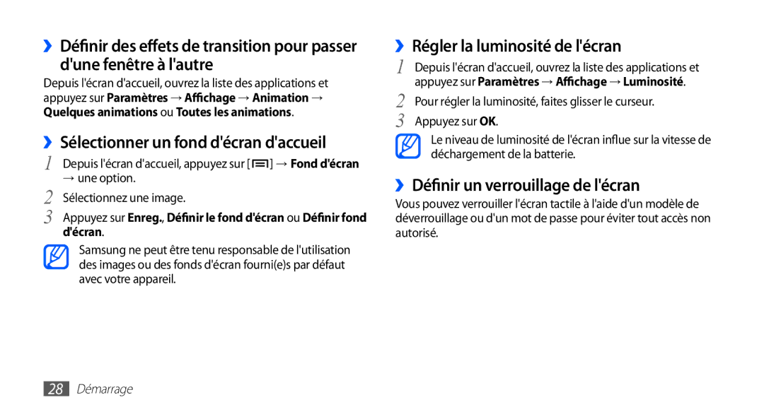 Samsung GT-S5830OKAFRE manual ››Sélectionner un fond décran daccueil, ››Régler la luminosité de lécran, 28 Démarrage 