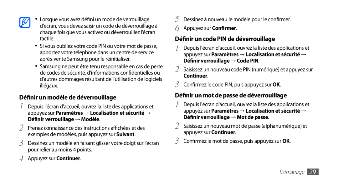 Samsung GT-S5830RWANRJ manual Définir un modèle de déverrouillage, Définir un code PIN de déverrouillage, Continuer 