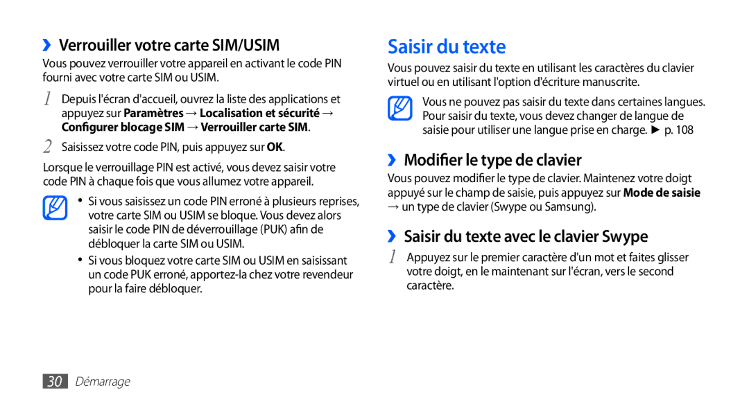 Samsung GT-S5830OKAFTM Saisir du texte, ››Verrouiller votre carte SIM/USIM, ››Modifier le type de clavier, 30 Démarrage 