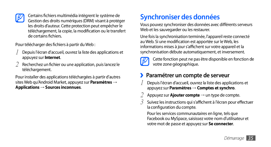 Samsung GT-S5830OKABOG manual Synchroniser des données, ››Paramétrer un compte de serveur, La configuration du compte 