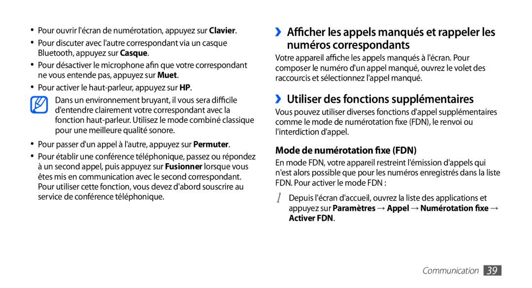 Samsung GT-S5830RWAVGF, GT-S5830RWASFR manual ››Utiliser des fonctions supplémentaires, Mode de numérotation fixe FDN 