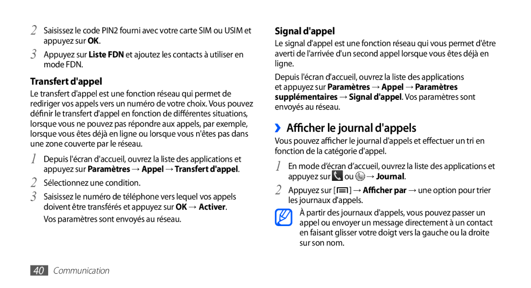 Samsung GT-S5830OKZBOG manual ››Afficher le journal dappels, Transfert dappel, Signal dappel, Sélectionnez une condition 