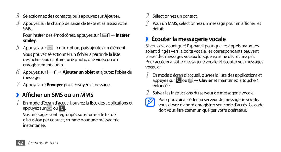 Samsung GT-S5830OKASFR, GT-S5830RWASFR, GT-S5830OKAXEF SMS ou un MMS, ››Écouter la messagerie vocale, ››Afficher un, Smiley 