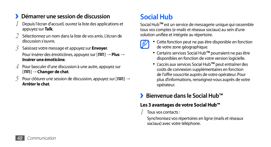Samsung GT-S5830OKAFTM, GT-S5830RWASFR manual ››Démarrer une session de discussion, ››Bienvenue dans le Social Hub 