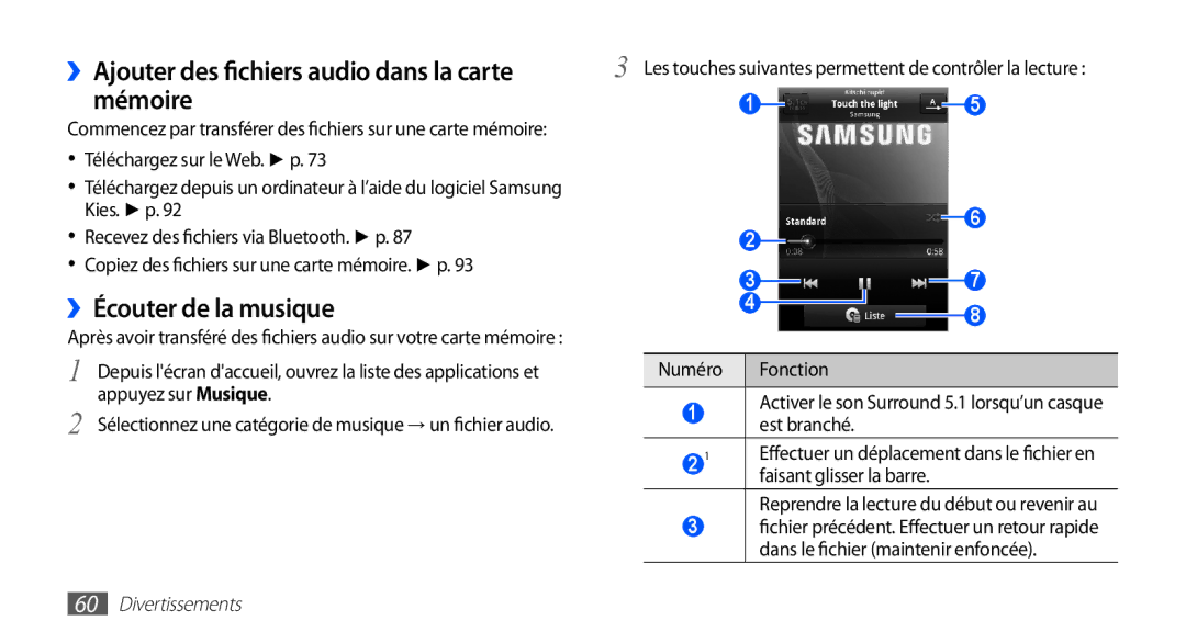 Samsung GT-S5830OKASFR Sélectionnez une catégorie de musique → un fichier audio, Est branché, Faisant glisser la barre 