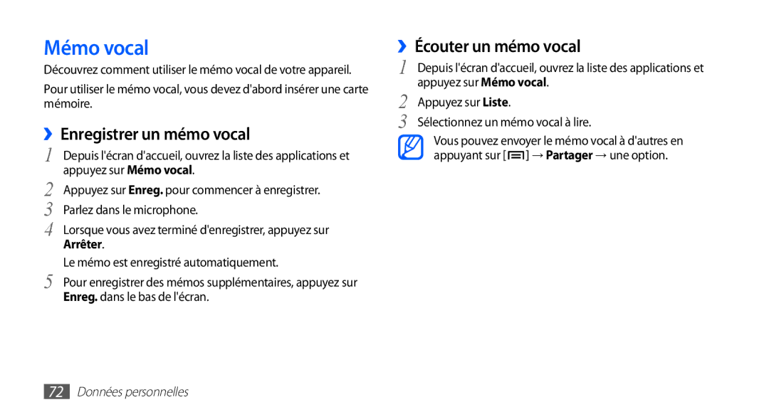 Samsung GT-S5830RWASFR, GT-S5830OKAXEF manual Mémo vocal, ››Enregistrer un mémo vocal, ››Écouter un mémo vocal, Arrêter 