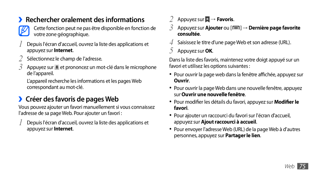 Samsung GT-S5830RWAVGF manual ››Rechercher oralement des informations, ››Créer des favoris de pages Web, Consultée 