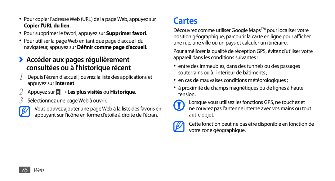 Samsung GT-S5830OKZBOG, GT-S5830RWASFR manual Cartes, Appuyez sur Internet, Sélectionnez une page Web à ouvrir, 76 Web 