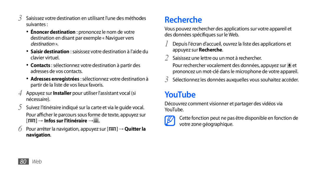 Samsung GT-S5830RWABOG, GT-S5830RWASFR, GT-S5830OKAXEF, GT-S5830RWAFRE, GT-S5830RWAVGF manual Recherche, YouTube, 80 Web 