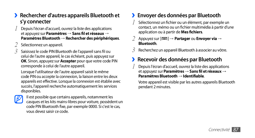 Samsung GT-S5830RWAXEF manual ››Rechercher dautres appareils Bluetooth et sy connecter, ››Envoyer des données par Bluetooth 