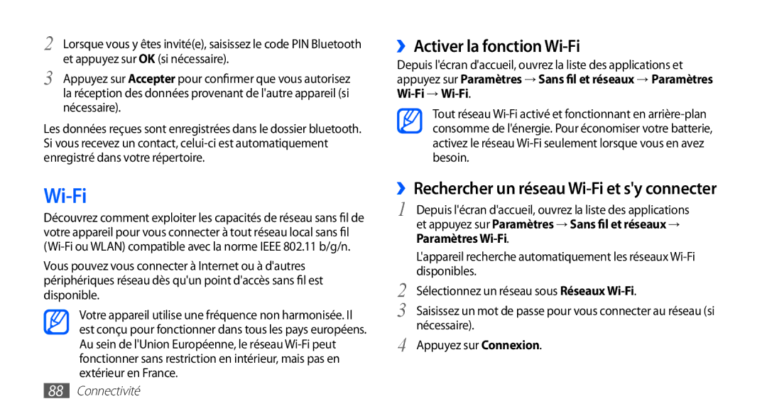 Samsung GT-S5830RWALPM, GT-S5830RWASFR, GT-S5830OKAXEF, GT-S5830RWAFRE, GT-S5830RWAVGF manual ››Activer la fonction Wi-Fi 