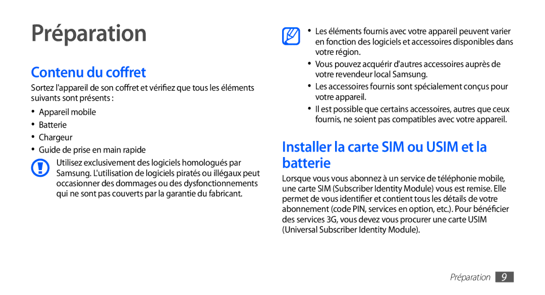 Samsung GT-S5830RWAFTM, GT-S5830RWASFR manual Préparation, Contenu du coffret, Installer la carte SIM ou Usim et la batterie 