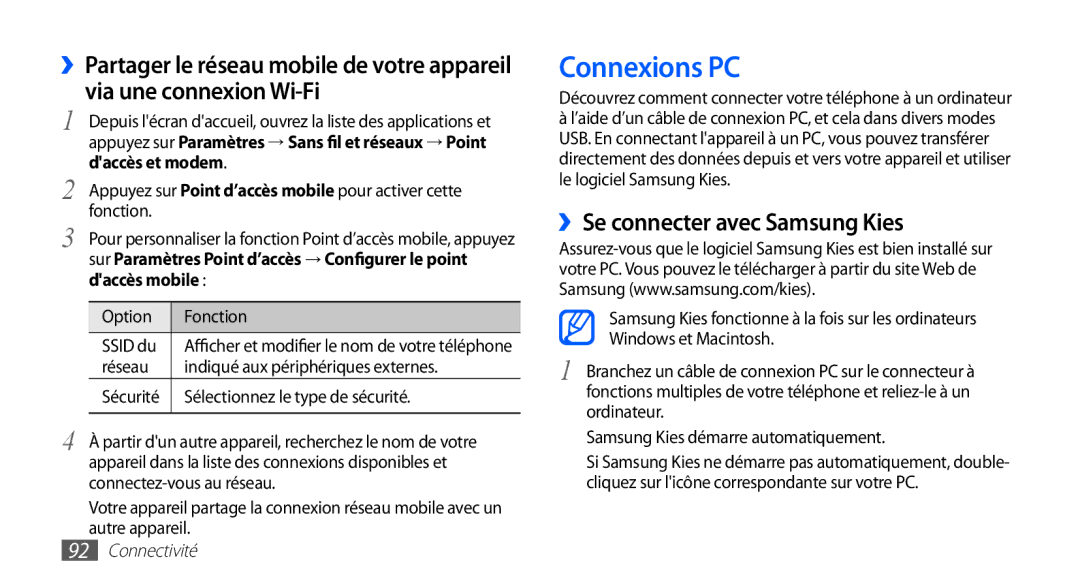 Samsung GT-S5830RWAFRE Connexions PC, ››Se connecter avec Samsung Kies, Daccès et modem, Daccès mobile, Option Fonction 