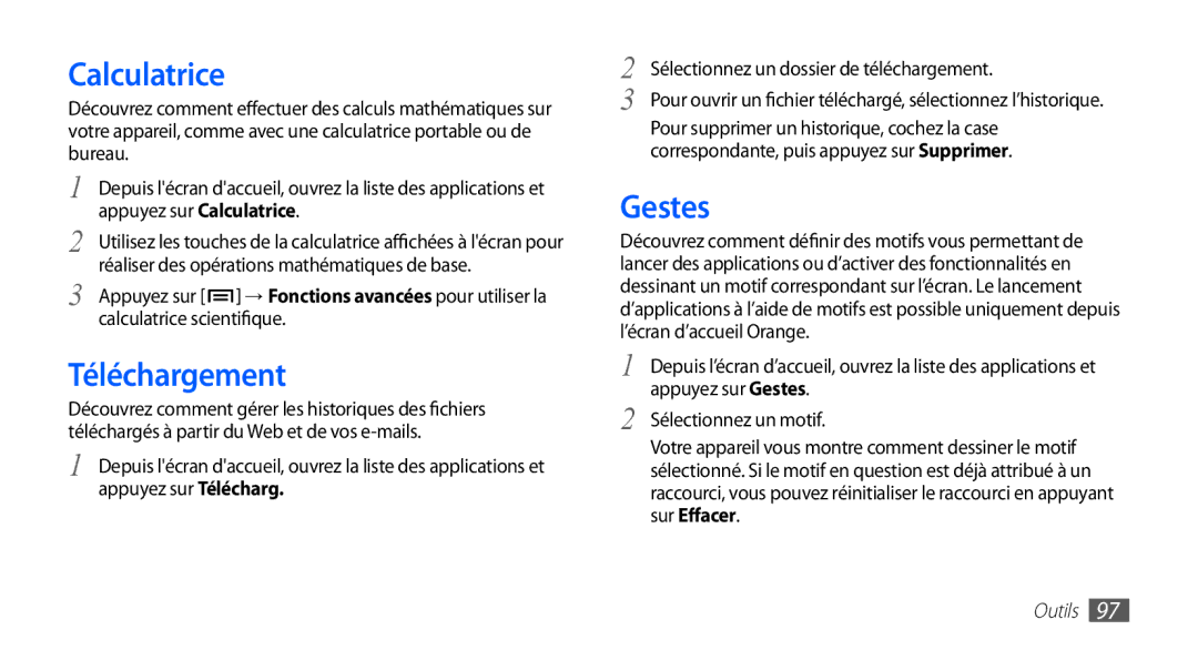 Samsung GT-S5830OKYXEF, GT-S5830RWASFR, GT-S5830OKAXEF, GT-S5830RWAFRE, GT-S5830RWAVGF Calculatrice, Téléchargement, Gestes 