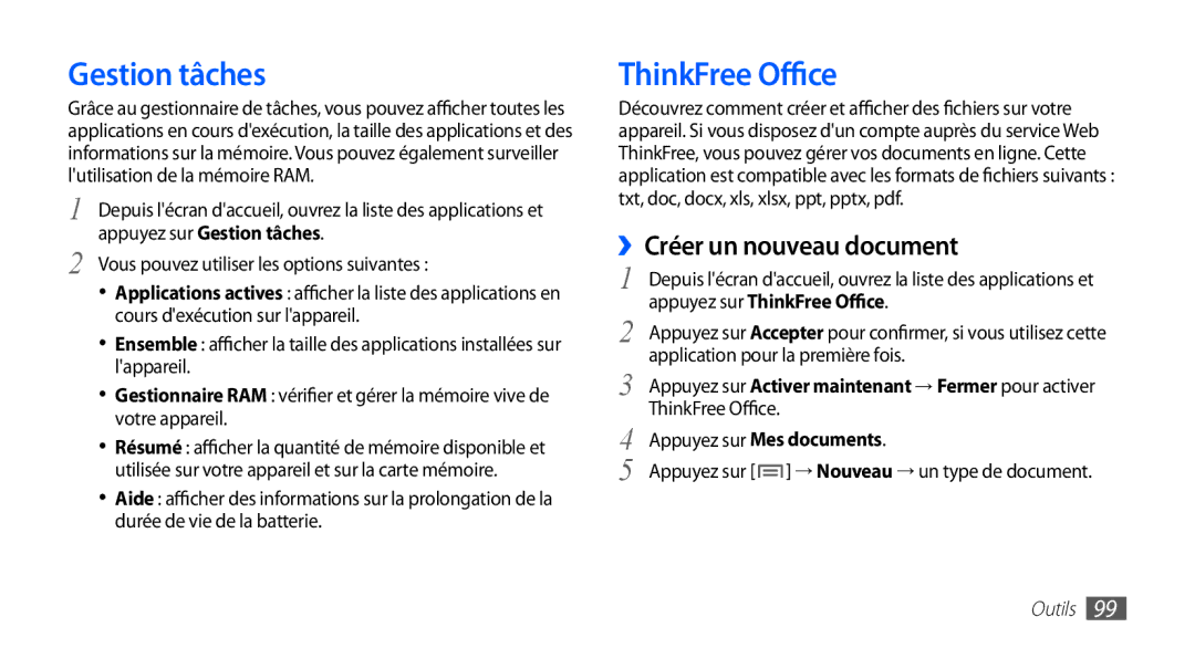 Samsung GT-S5830RWAFTM, GT-S5830RWASFR, GT-S5830OKAXEF manual Gestion tâches, ThinkFree Office, ››Créer un nouveau document 