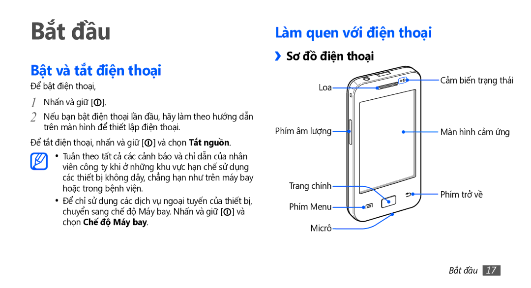 Samsung GT-S5830UWAXXV, GT-S5830RWAXEV manual Bắt đầu, Bật và tắt điện thoại, Lam quen vơi điện thoại, ››Sơ đồ điện thoại 