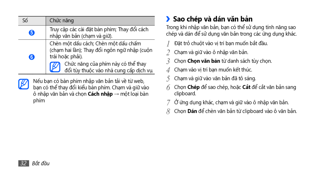 Samsung GT-S5830UWAXXV, GT-S5830RWAXEV, GT-S5830OKAXEV, GT-S5830OKAXXV, GT-S5830RWAXXV ››Sao chép và dán văn bả̉n, 32 Bắt đầu 