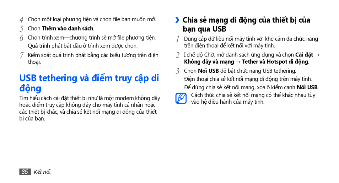 Samsung GT-S5830OKAXEV manual USB tethering và điểm truy cập di động, ››Chia sẻ mạng di động của thiết bị của bạn qua USB 