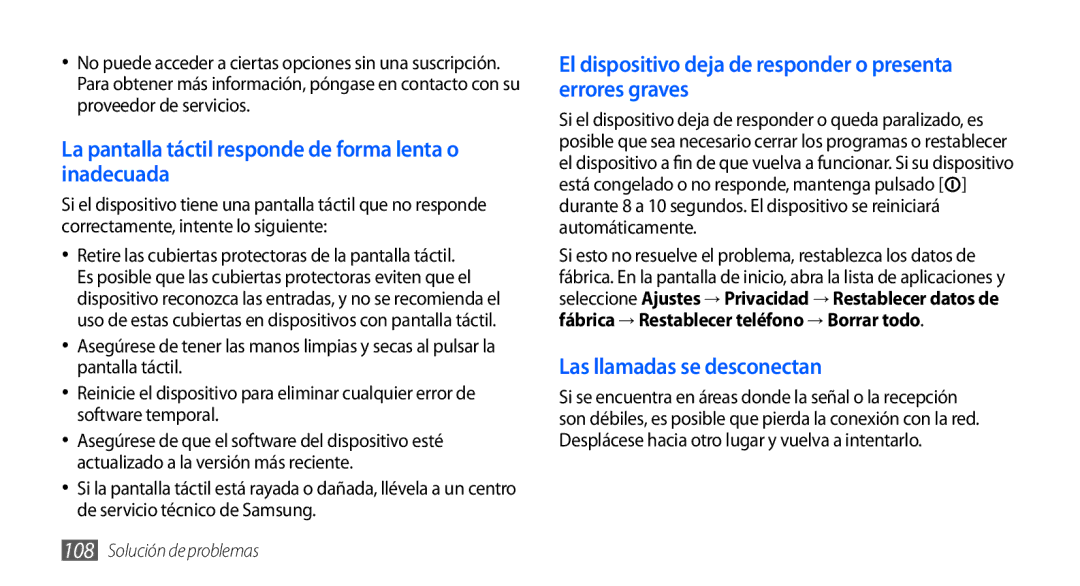 Samsung GT-S5830OKAFOP, GT-S5830UWAXEC, GT-S5830RWAATL manual La pantalla táctil responde de forma lenta o inadecuada 