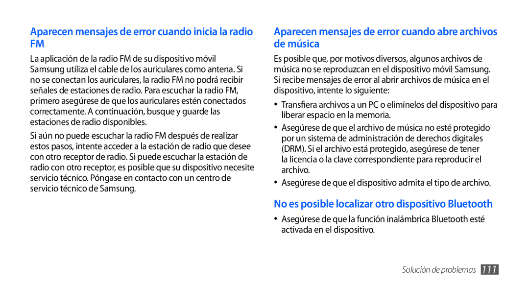 Samsung GT-S5830OKYFOP, GT-S5830UWAXEC, GT-S5830RWAATL manual Aparecen mensajes de error cuando abre archivos de música 