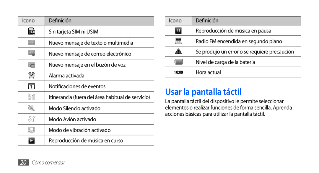 Samsung GT-S5830UWAXEC, GT-S5830RWAATL, GT-S5830PPAYOG Usar la pantalla táctil, Nivel de carga de la batería, Hora actual 