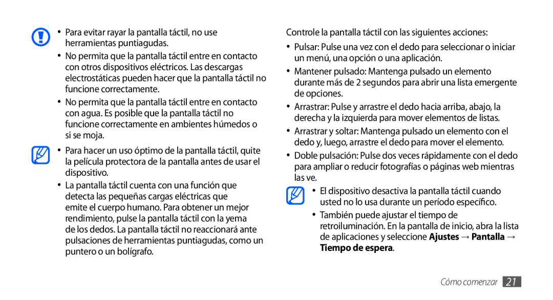 Samsung GT-S5830RWAATL, GT-S5830UWAXEC, GT-S5830PPAYOG manual Controle la pantalla táctil con las siguientes acciones 