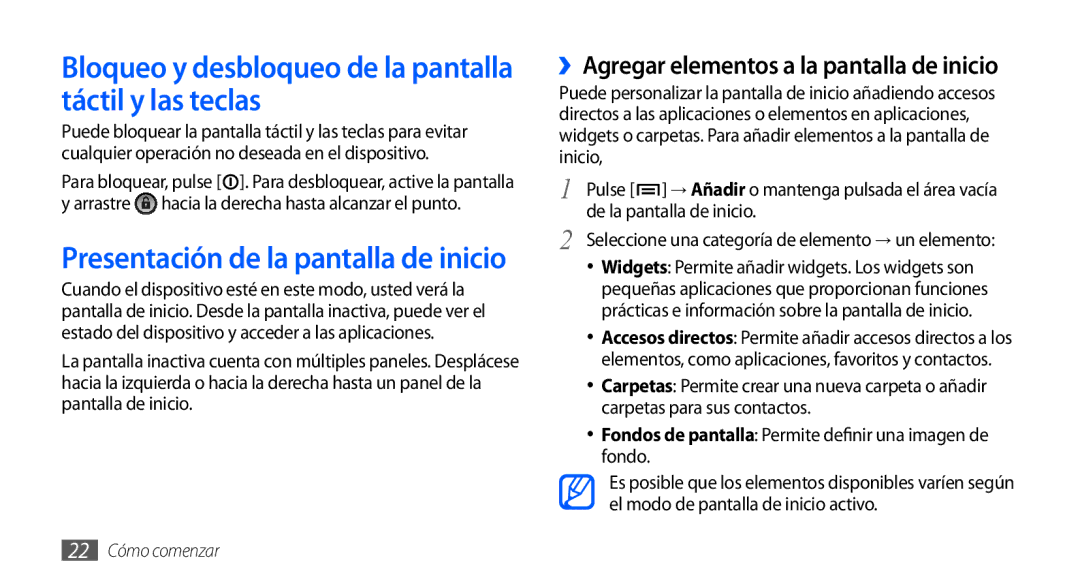 Samsung GT-S5830PPAYOG, GT-S5830UWAXEC Bloqueo y desbloqueo de la pantalla táctil y las teclas, De la pantalla de inicio 