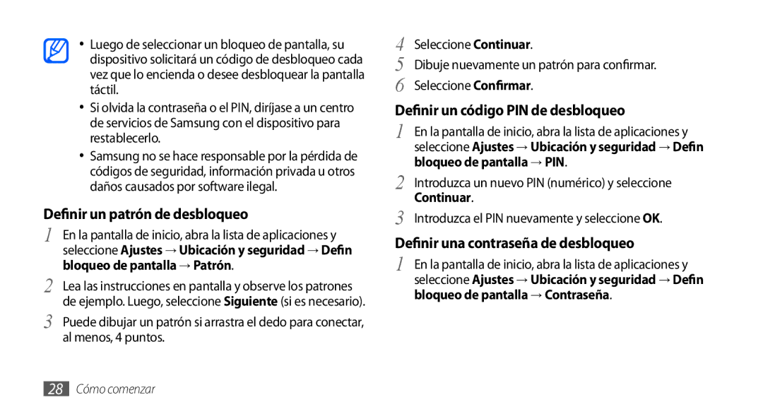 Samsung GT-S5830OKAFOP manual Seleccione Confirmar, Bloqueo de pantalla → PIN, Continuar, Bloqueo de pantalla → Contraseña 