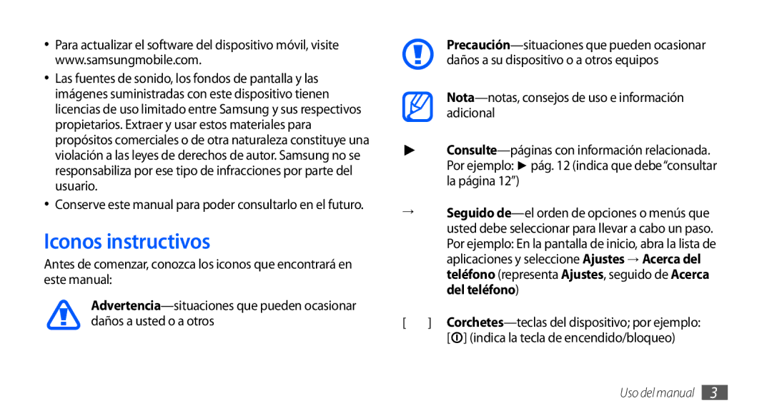 Samsung GT-S5830OKAAMN, GT-S5830UWAXEC manual Iconos instructivos, Nota-notas, consejos de uso e información adicional 