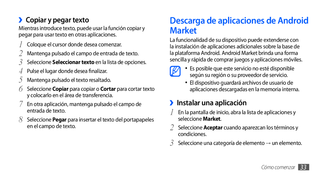 Samsung GT-S5830RWAAMN manual Descarga de aplicaciones de Android Market, ››Copiar y pegar texto, ››Instalar una aplicación 