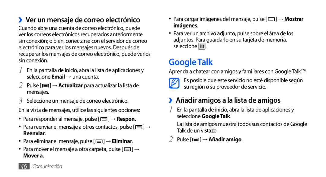 Samsung GT-S5830PPAFOP manual Google Talk, ››Añadir amigos a la lista de amigos, ››Ver un mensaje de correo electrónico 